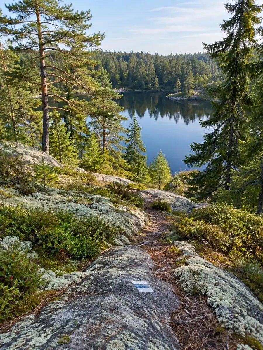 Trail over a lichen-covered rock towards a forest pond in Nuuksio National Park, old pines and spruces
